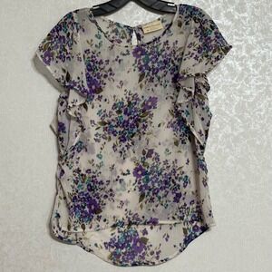 Bobbie Brooks Ladies Floral Blouse Ruffle Sleeve Shirt Sheer Top Cottagecore M
